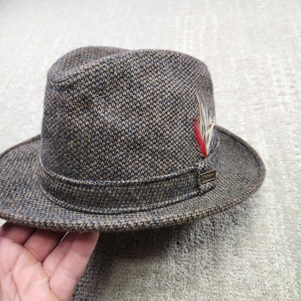 Adam New York Mens Brown Tweed 100% Pure Wool Fedora Hat with Feather Size M USA